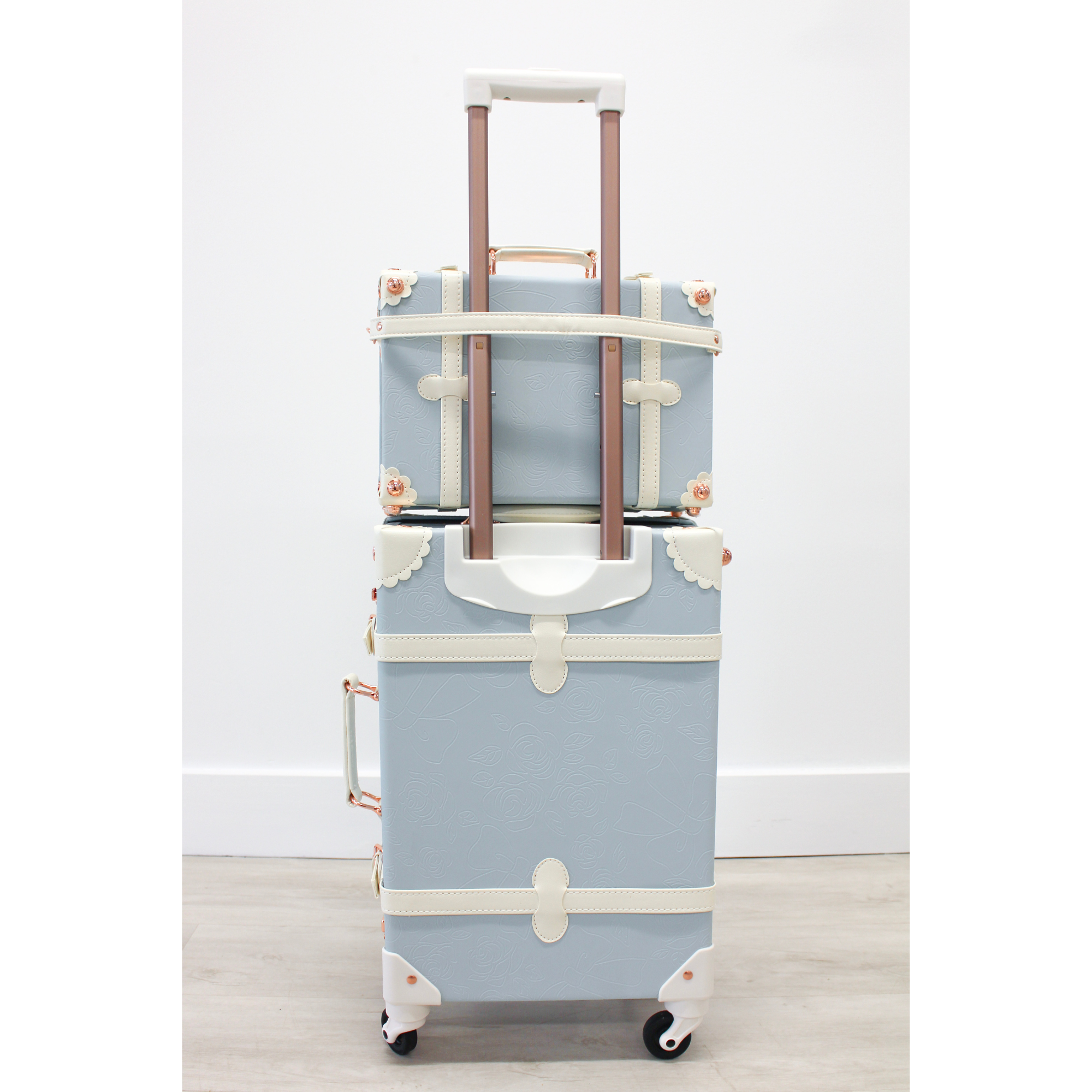 The Audrey Collection vintage suitcase - back view showing ergonomic handles, telescopic handle strap for train case, and 360° spinner wheels